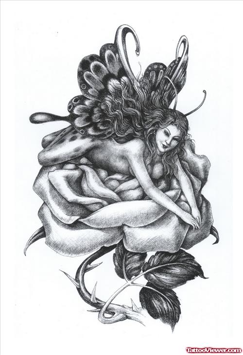 Fairy Angel Lying On Rose Flower Tattoo Design
