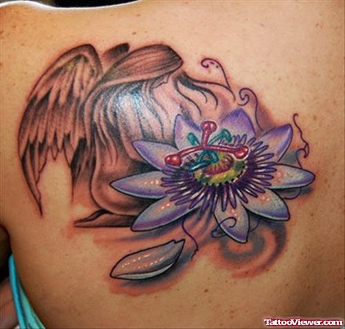 Color Flower And Angel Tattoo On Left Back Shoulder