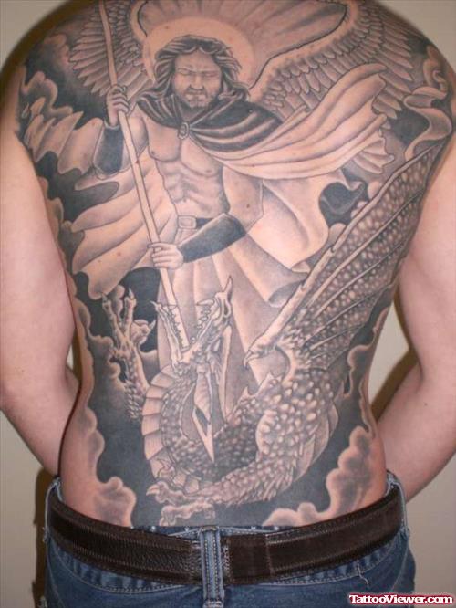 Angel Killing Dragon Tattoo On Full Back