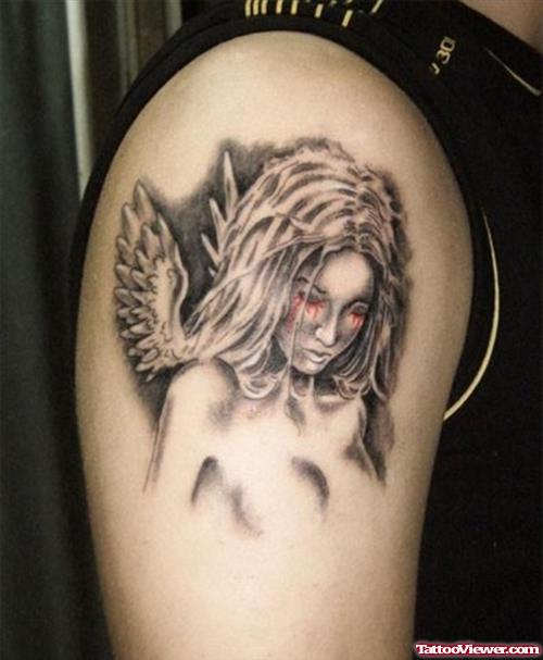 Angel Girl Head Tattoo On Right Shoulder
