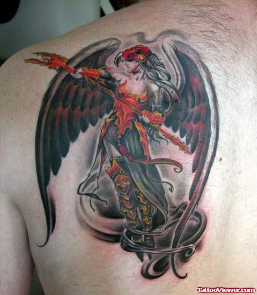 Left Back Shoulder Grey Ink Angel Tattoo