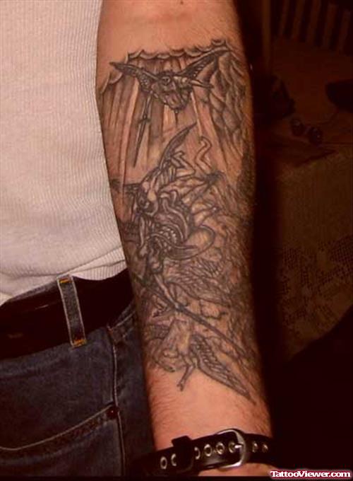 Left Arm Grey Ink Angel Tattoo For Men