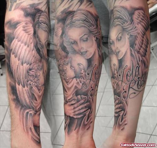 Guardian Angel With Baby Angel Tattoo On Sleeve