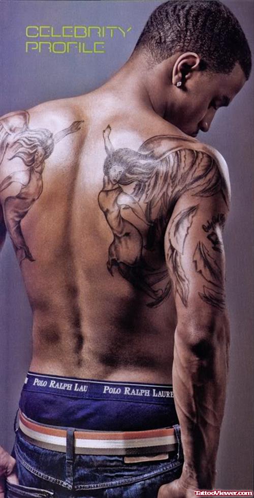 Grey Ink Flying Angels Tattoos On Back Body