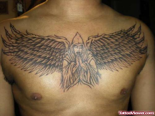 Grey Ink Angel Tattoo On Man Chest