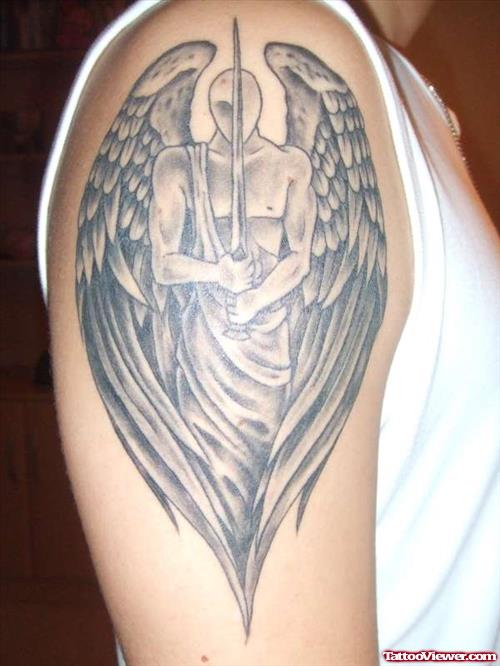 Grey Ink Angel Right Shoulder Tattoo For Men