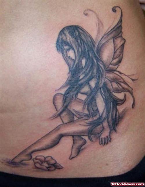 Fairy Angel Grey Ink Tattoo On Side