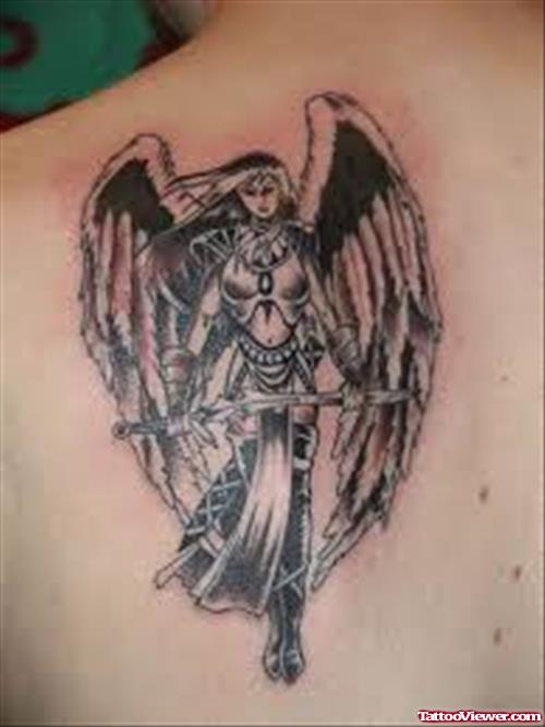 Back Shoulder Black Ink Angel Tattoo