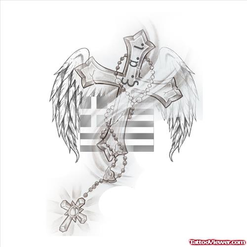 Angel Winged Cross And Rosary Tattoo Design