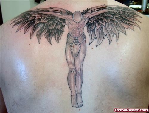 Male Angel With Open Wings Tattoo On Back