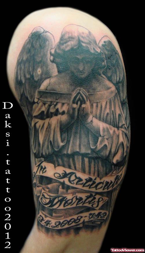 Left Half Sleeve Grey Ink Praying Angel Tattoo