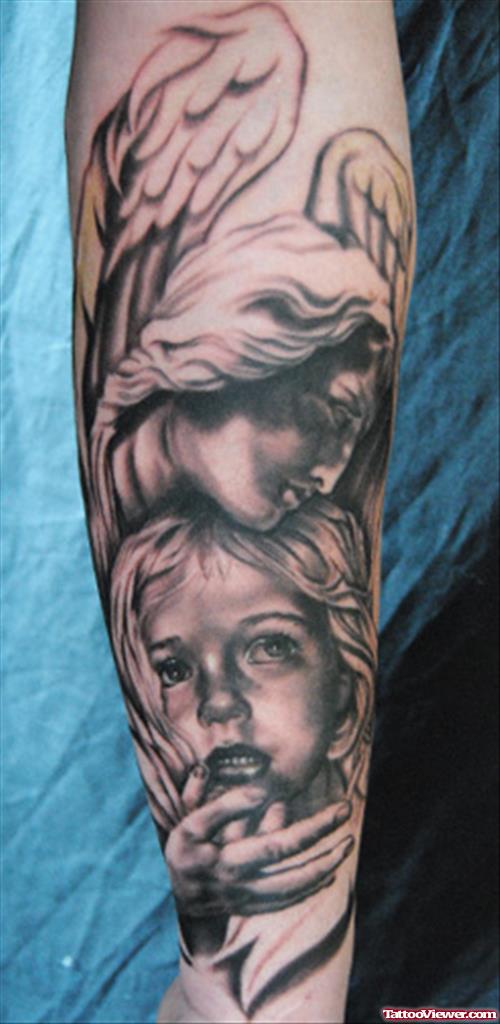 Guardian Angel With Cherub Angel Tattoo On Arm