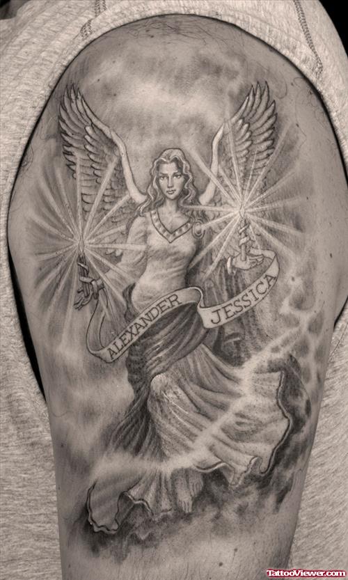 Grey Ink Angel Tattoo On Left Half Sleeve