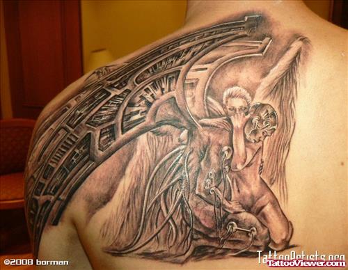 Grey Ink Angel Girl with Devil Guy Tattoo On Back Shoulder