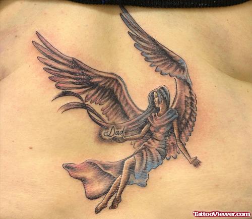 Angel With Dad Word In Hand Tattoo On Back
