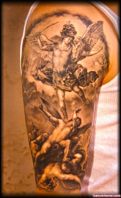 Archangel Grey Ink Tattoo On Half Sleeve