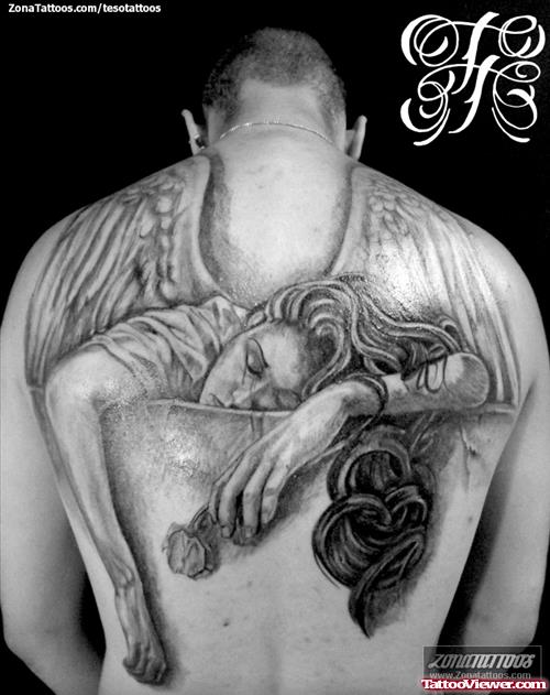 Angel Slepping Grey Ink Tattoo On Man Back