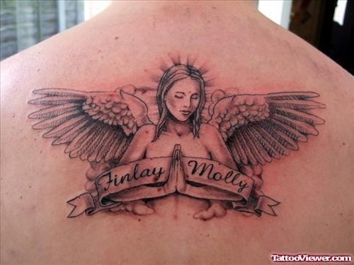 Angel Praying Grey Ink Tattoo On Upperback