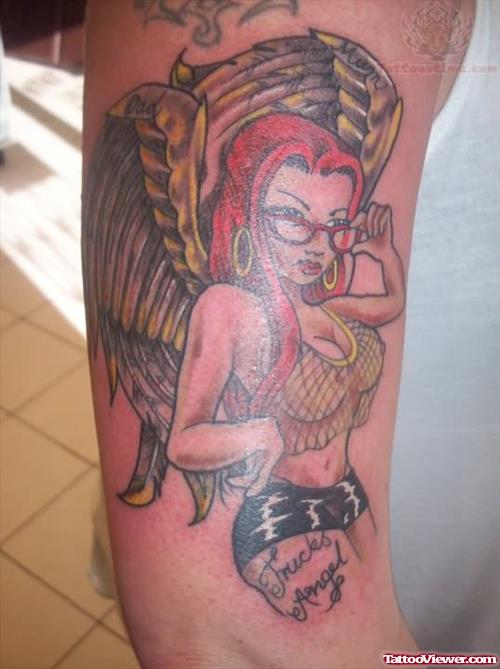 Fucks Angel Tattoo On Half Sleeve