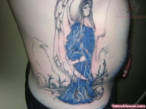 Blue Ink Angel Tattoo On Side Rib