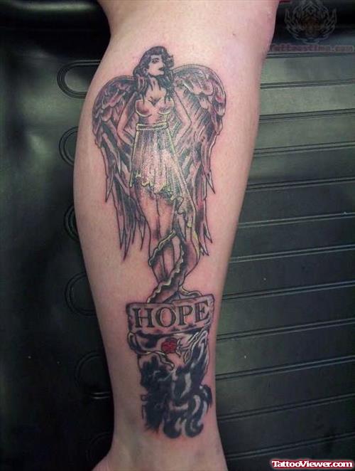 Angel Girl And Hope Tattoo On Leg
