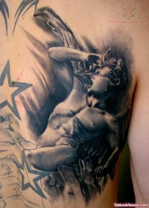 Angel And Star Tattoo On Back Shoulder