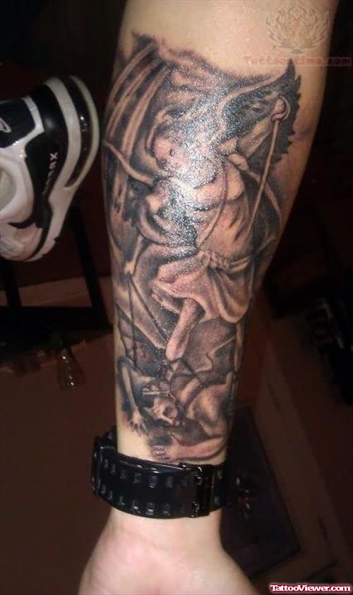 Unique Grey Ink Angel Tattoo On Arm