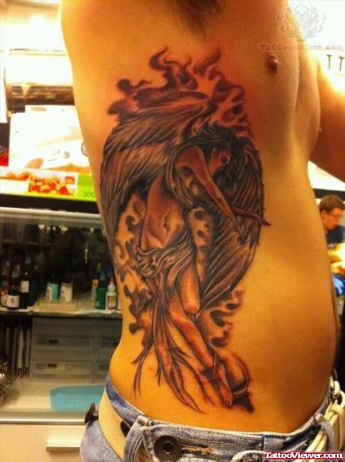 Flaming Angel Tattoo on Side Rib