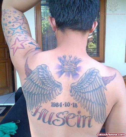 Crown Angel Wings Tattoo On Upperback