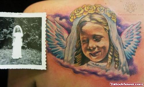 Angel Girl Tattoo On Back Shoulder
