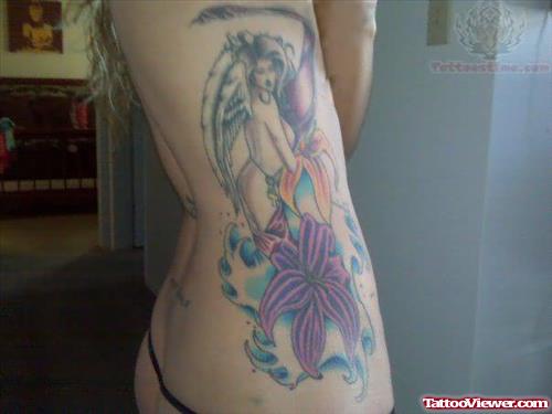 Angel And Flowers Tattoo On Side Rib