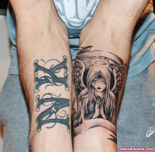 NK And Winged Angel Tattoos On Forearms
