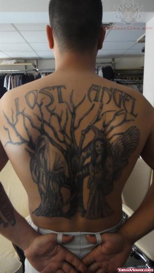 Lost Angel And Tree Tattoo On Back