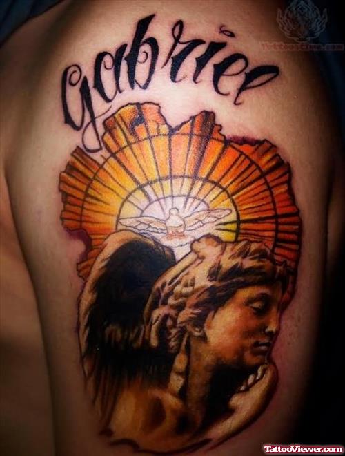Gabriee Angel Tattoo On Half Sleeve