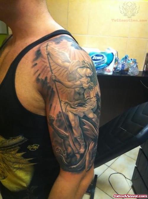 Angel Fighting With Devil Tattoo On Half Sleeve