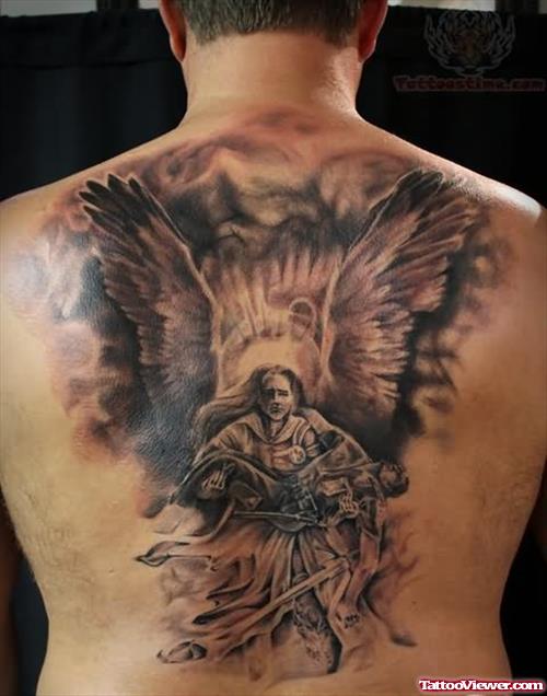 Angel and Warrior Tattoo On Back