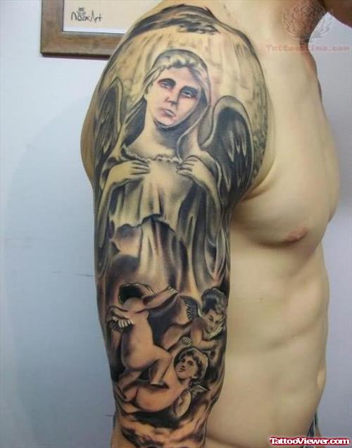Angel And Cherub Tattoos On Half Sleeve