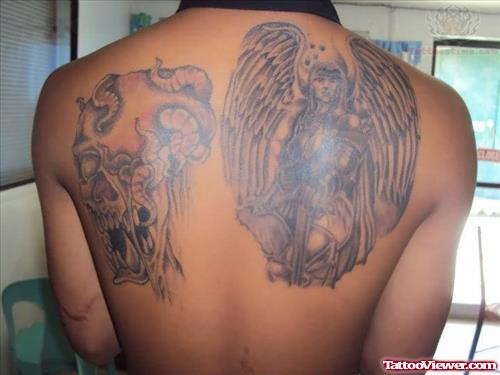 SKull Snake And Angel Tattoo On Back