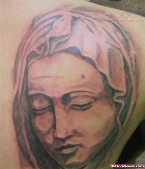Grey Ink Angel Head Tattoo On Back Shoulder