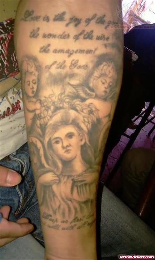 Grey Ink Angel And Cherub Tattoo On Arm