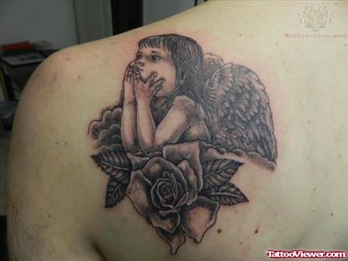 Cupid Angel And Rose Tattoo On Back Shoulder
