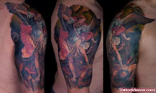Colored angel Defeat Devil Tattoo On Bicep