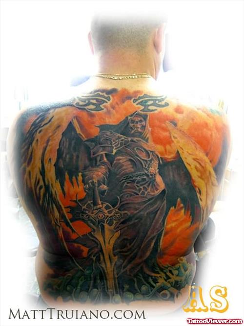 Colourful Big Angel Tattoo On Back