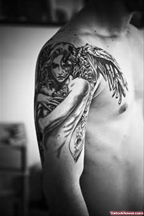 Angel Tattoo Design On Bicep & Chest