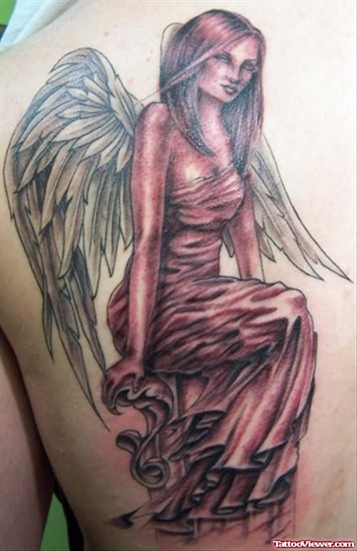 Sitting Angel Tattoo On Back