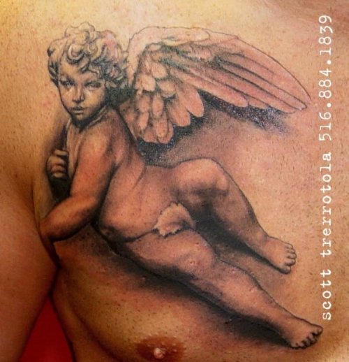 Cherub Angel Grey Ink Tattoo On Man Chest