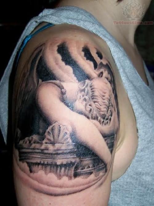 Sleeping Angel Grey Ink Tattoo On Right Shoulder