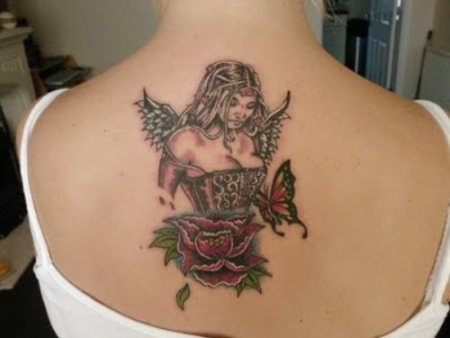Angel Girl With rose and Butterfly Tattoo On Upperback