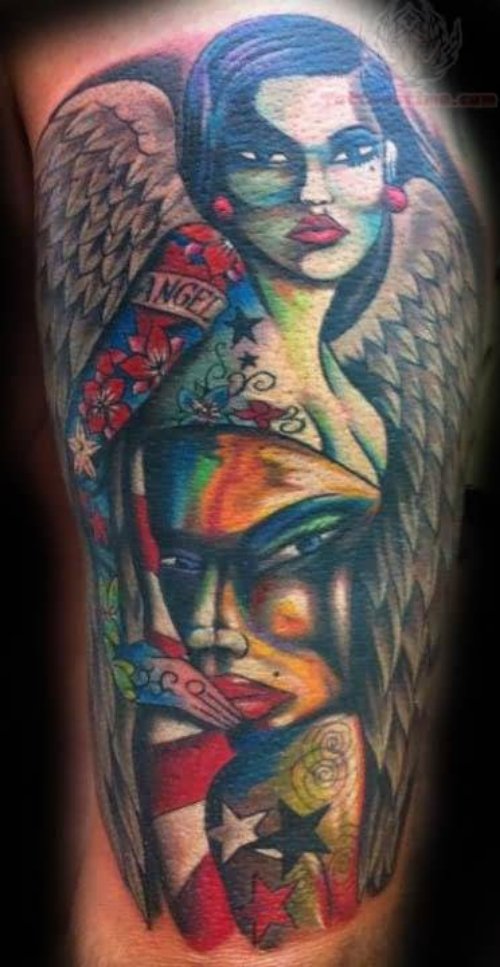 Winged Angel Girl Tattoo On Half Sleeve