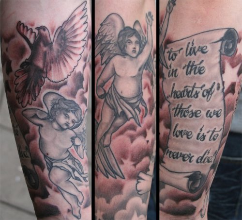 Flying Dove and Cherub Angels Grey Ink Tattoo